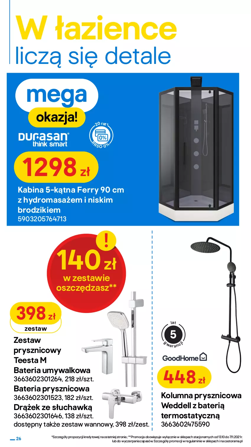 Gazetka promocyjna Castorama - Gazetka Castorama - ważna 13.10 do 07.11.2021 - strona 26 - produkty: Astor, Bateria, Bateria prysznicowa, Bateria umywalkowa, Brodzik, Dell, Kosz, Kosz na bieliznę, Pojemnik, Rama, Termos, Zestaw prysznicowy, Zestaw wannowy