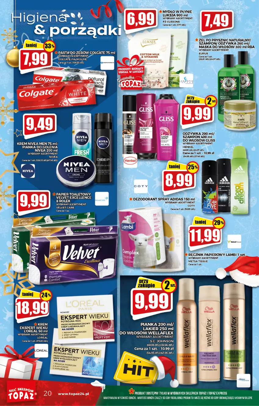 Gazetka promocyjna Topaz - Gazetka - ważna 16.12 do 24.12.2021 - strona 20 - produkty: Adidas, Colgate, Dezodorant, Lakier, LG, Luksja, Mars, Maska, Maska do włosów, Mydło, Mydło w płynie, Nivea, Nivea Men, Odżywka, Palmolive, Papier, Papier toaletowy, Pianka do golenia, Ręcznik, Sok, Szampon, Top, Velvet, Wella, Wellaflex