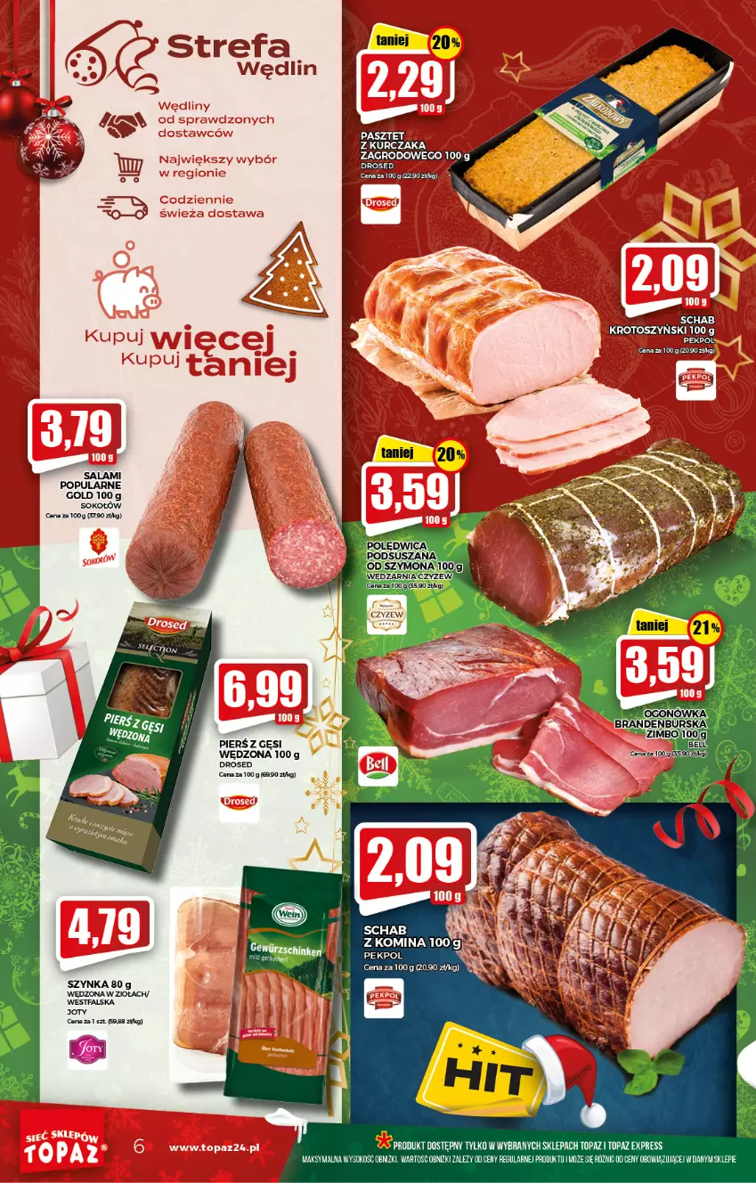 Gazetka promocyjna Topaz - Gazetka - ważna 16.12 do 24.12.2021 - strona 6 - produkty: Fa, Pekpol, Salami, Sok, Sokołów, Szynka, Top