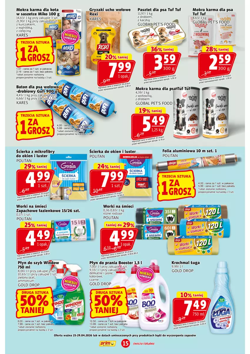 Gazetka promocyjna Prim Market - ważna 23.04 do 29.04.2026 - strona 15 - produkty: Booster, Folia aluminiowa, Gry, Kurczak, Mokra karma, Ocet, Pasztet, Płyn do prania, Płyn do szyb, Por, Worki na śmiec, Worki na śmieci