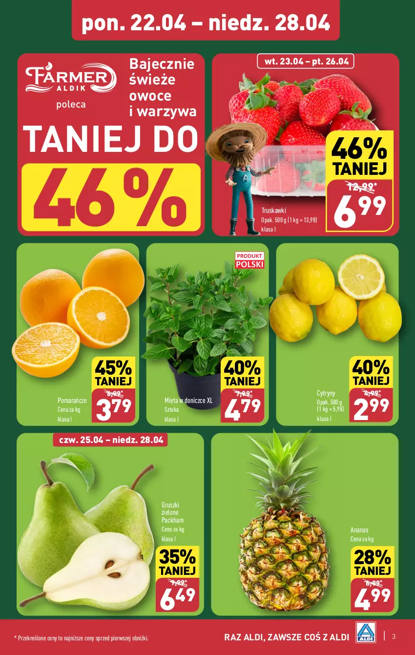 Gazetka promocyjna Aldi - Farmer ALDIK poleca świeże owoce i warzywa - ważna 22.04 do 28.04.2024 - strona 3 - produkty: Ananas, Cytryny, Gruszki, Mięta, Owoce, Pomarańcze, Truskawki, Warzywa