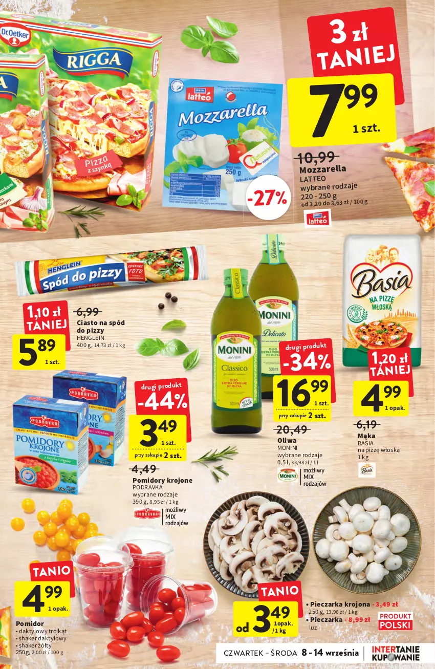 Gazetka promocyjna Intermarche - Gazetka Intermarche - ważna 08.09 do 14.09.2022 - strona 19 - produkty: Basia, Mąka, Monini, Mozzarella, Piec, Pieczarka, Podravka, Pomidory, Pomidory krojone, Spód do pizzy