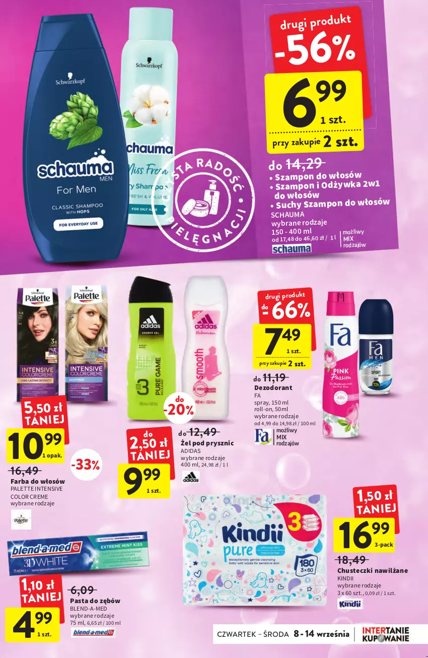 Gazetka promocyjna Intermarche - Gazetka Intermarche - ważna 08.09 do 14.09.2022 - strona 35 - produkty: Adidas, Blend-a-Med, Chusteczki, Color Creme, Dezodorant, Fa, Farba do włosów, Kindii, Odżywka, Palette, Pasta do zębów, Schauma, Suchy szampon, Szampon