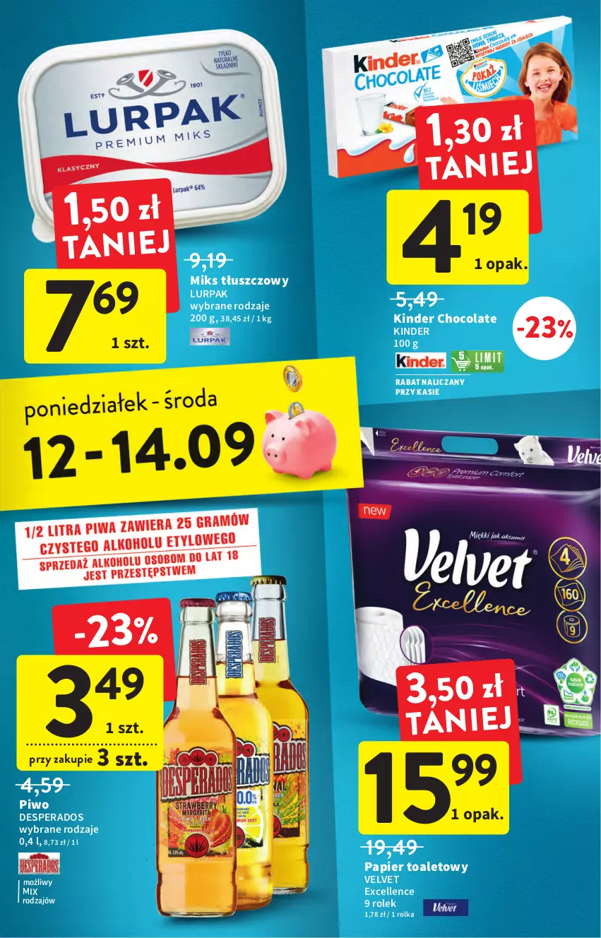 Gazetka promocyjna Intermarche - Gazetka Intermarche - ważna 08.09 do 14.09.2022 - strona 39 - produkty: Desperados, Kinder, Lurpak, Miks tłuszczowy, Papier, Papier toaletowy, Piwo, Velvet