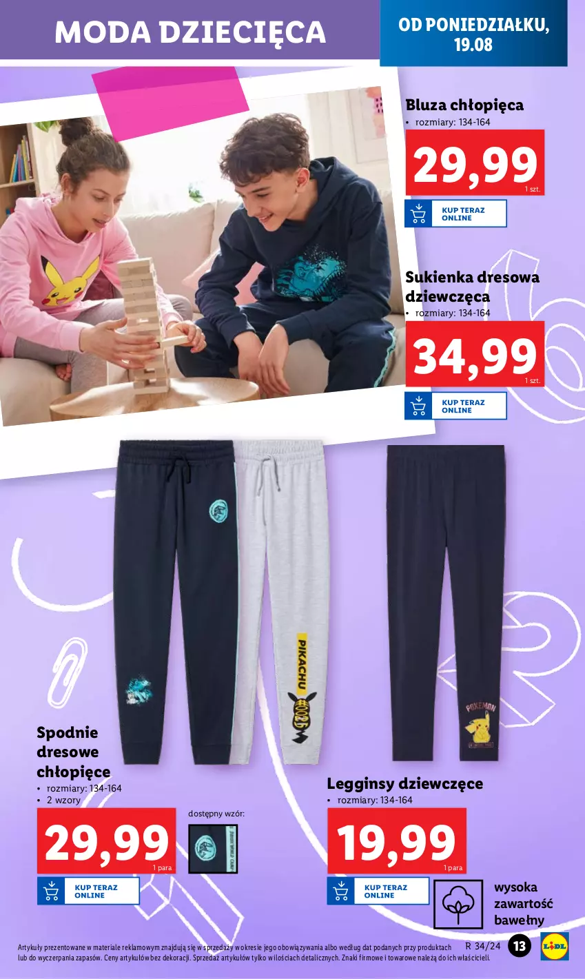 Gazetka promocyjna Lidl - GAZETKA - ważna 19.08 do 25.08.2024 - strona 13 - produkty: Bluza, Dres, Dzieci, Gin, Legginsy, Moda, Sok, Spodnie, Spodnie dresowe, Sukienka