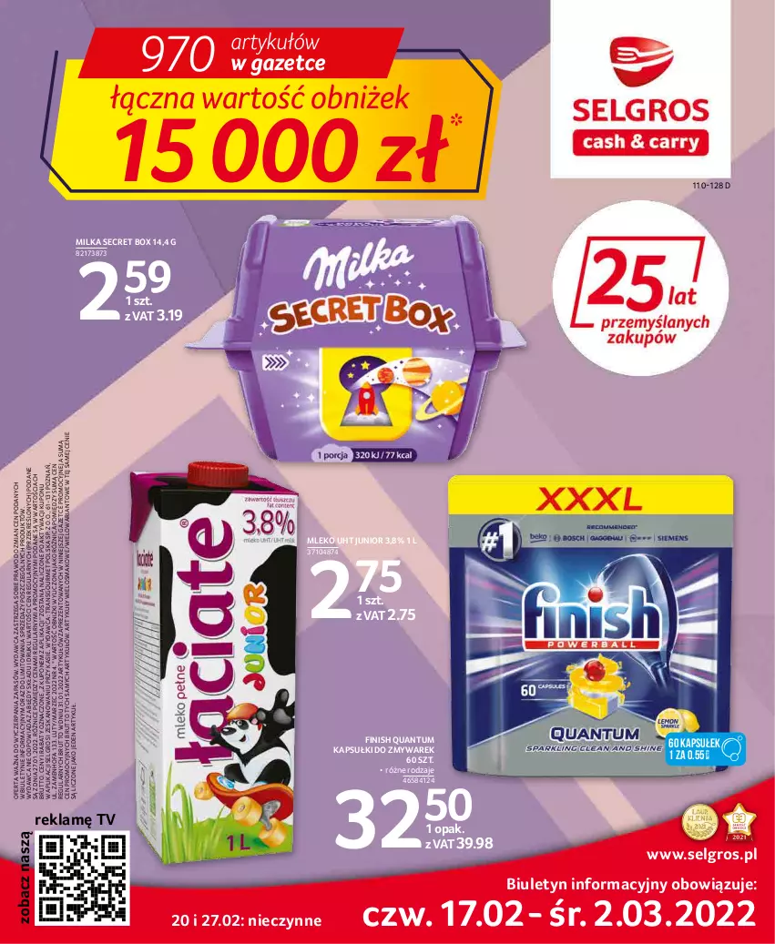 Gazetka promocyjna Selgros - Oferta spożywcza - ważna 17.02 do 02.03.2022 - strona 1 - produkty: Fa, Finish, LG, Milka, Mleko, Tran