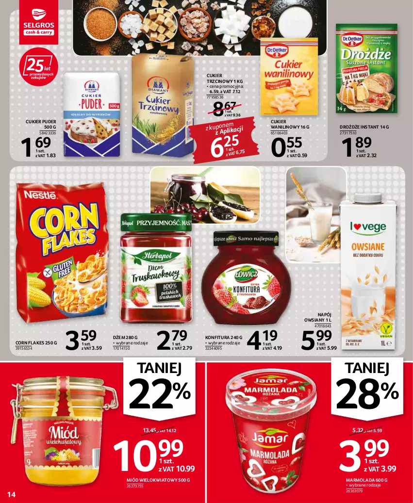 Gazetka promocyjna Selgros - Oferta spożywcza - ważna 17.02 do 02.03.2022 - strona 14 - produkty: Corn flakes, Cukier, Cukier puder, Cukier trzcinowy, Cukier wanilinowy, Drożdże, Dżem, Konfitura, Marmolada, Miód, Mola, Napój, Puder