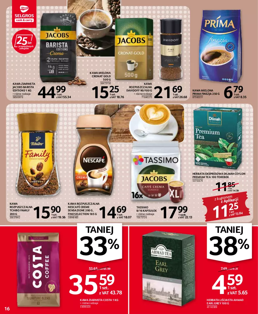 Gazetka promocyjna Selgros - Oferta spożywcza - ważna 17.02 do 02.03.2022 - strona 16 - produkty: Davidoff, Dilmah, Earl Grey, Fa, Herbata, Jacobs, Kawa, Kawa mielona, Kawa rozpuszczalna, Kawa ziarnista, Nescafé, Prima, Tassimo, Tchibo, Tchibo Family