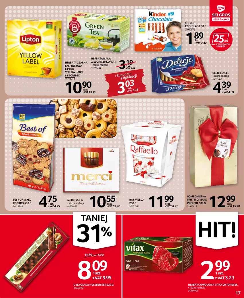 Gazetka promocyjna Selgros - Oferta spożywcza - ważna 17.02 do 02.03.2022 - strona 17 - produkty: Czekolada, Delicje, Fa, Herbata, Herbata czarna, Herbata owocowa, Kinder, Lipton, Merci, Raffaello, Ser, Vitax