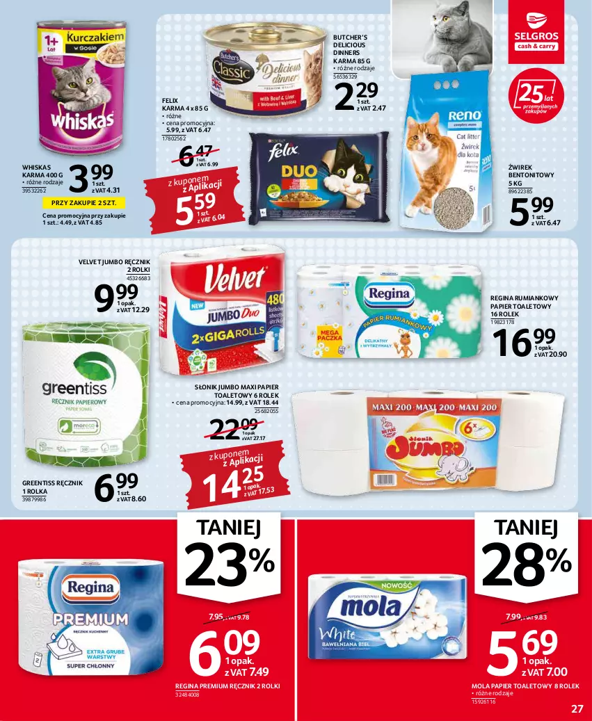 Gazetka promocyjna Selgros - Oferta spożywcza - ważna 17.02 do 02.03.2022 - strona 27 - produkty: Felix, Gin, Mola, Papier, Papier toaletowy, Ręcznik, Rolki, Rum, Velvet, Whiskas