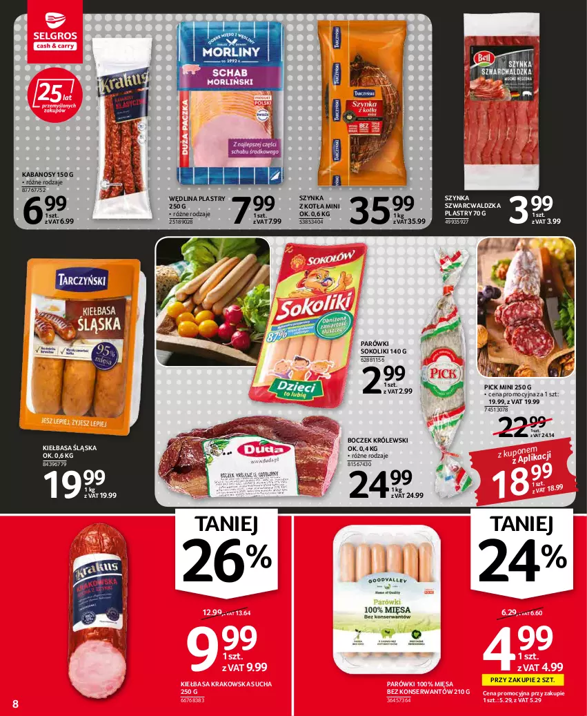 Gazetka promocyjna Selgros - Oferta spożywcza - ważna 17.02 do 02.03.2022 - strona 8 - produkty: Boczek, Kabanos, Kiełbasa, Kiełbasa krakowska, Kiełbasa śląska, Królewski, Parówki, Parówki sokoliki, Ser, Sok, Szynka, Wędlina