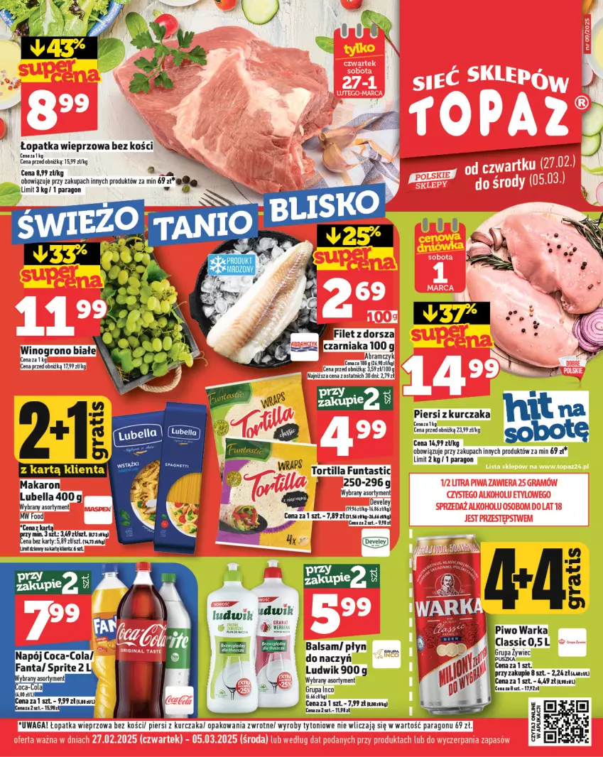 Gazetka promocyjna Topaz - Gazetka - ważna 27.02 do 05.03.2025 - strona 1 - produkty: Bell, Bella, Kurczak, Lubella, Ludwik, Piwo, Por, Tortilla, Waga, Warka, Wino