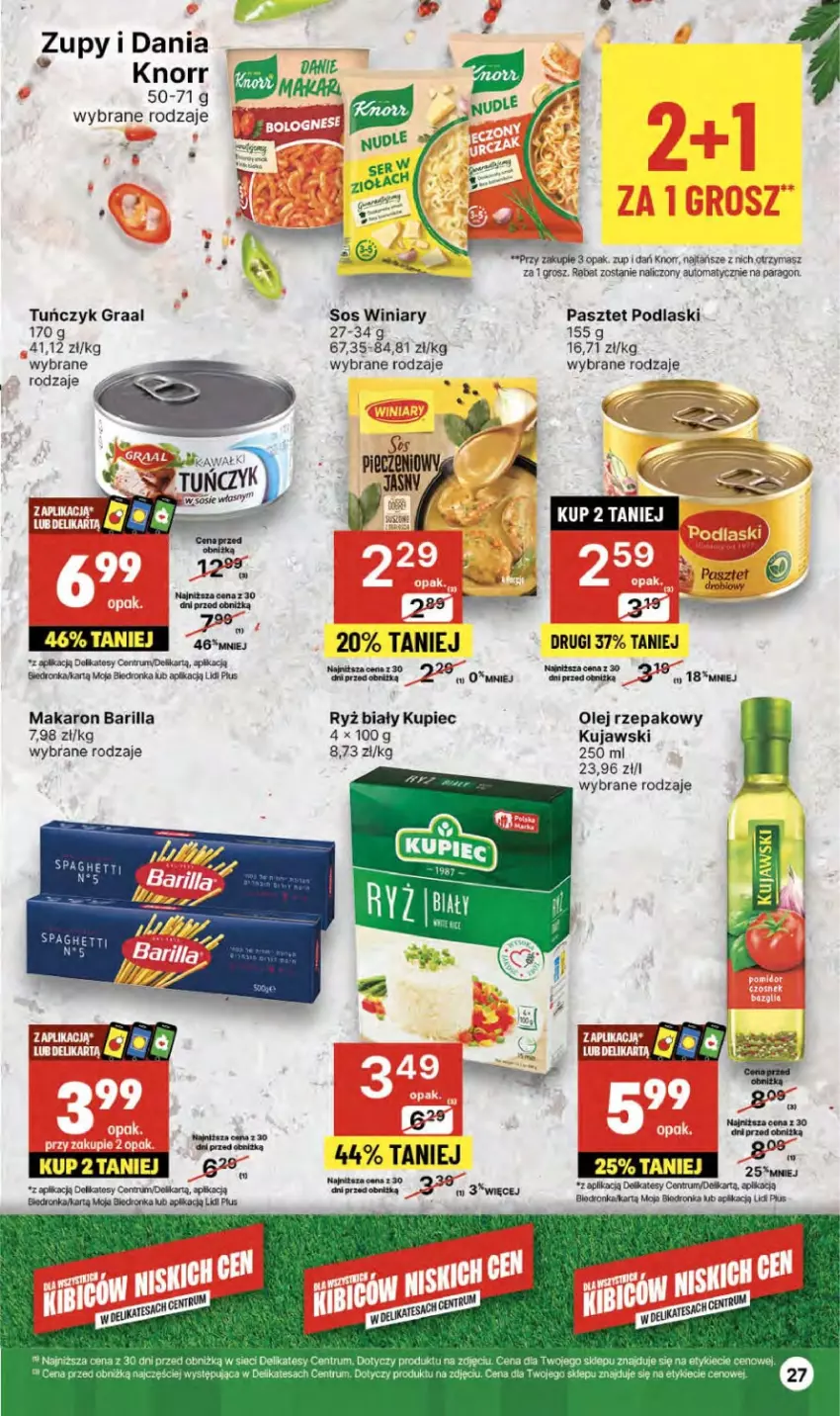 Gazetka promocyjna Delikatesy Centrum - NOWA GAZETKA Delikatesy Centrum od 4 lipca! 4-10.07.2024 - ważna 04.07 do 10.07.2024 - strona 27 - produkty: Barilla, Dron, Gra, Graal, Knorr, Kujawski, Kupiec, Makaron, Olej, Olej rzepakowy, Pasztet, Piec, Podlaski, Rum, Ryż, Ryż biały, Sos, Tuńczyk, Winiary