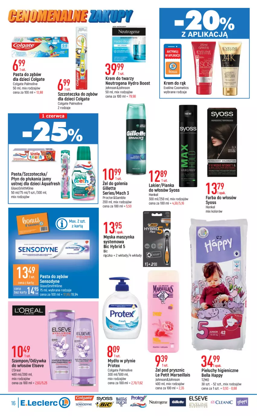 Gazetka promocyjna E Leclerc - ważna 24.05 do 04.06.2022 - strona 16 - produkty: Aquafresh, Bell, Bella, BIC, Cleanic, Colgate, Dzieci, Elseve, Eveline, Fa, Farba do włosów, Gillette, Krem do rąk, Krem do twarzy, Lakier, LG, Mars, Maszynka, Mydło, Mydło w płynie, Neutrogena, Palmolive, Pasta do zębów, Pianka do włosów, Pieluchy, Płyn do płukania, Sensodyne, Ser, Syoss, Szampon, Szczoteczka, Szczoteczka do zębów, Szynka