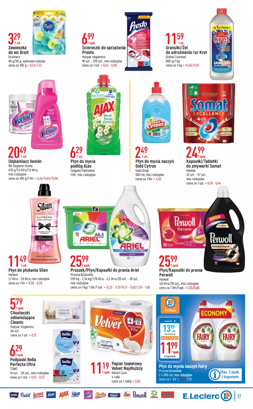 Gazetka promocyjna E Leclerc - ważna 24.05 do 04.06.2022 - strona 17 - produkty: Ajax, Ariel, Bell, Bella, Chusteczki, Cleanic, Colgate, Do mycia naczyń, Fa, Fairy, Gra, Kapsułki do prania, Kret, LG, Odplamiacz, Palmolive, Papier, Papier toaletowy, Perfecta, Perwoll, Płyn do mycia, Płyn do mycia naczyń, Płyn do płukania, Podpaski, Presto, Rolki, Silan, Somat, Tablet, Vanish, Velvet, Zawieszka do wc, Zmywarki