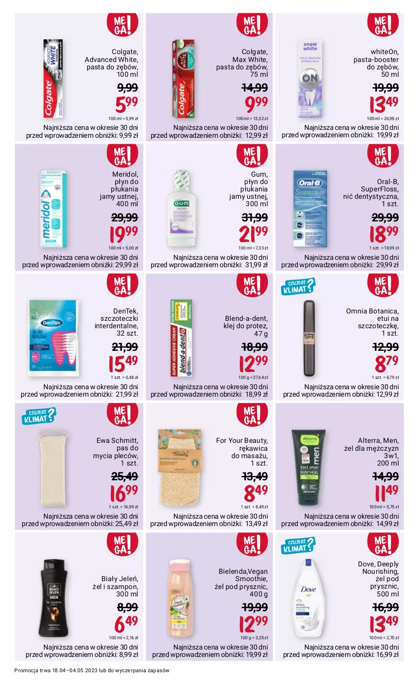 Gazetka promocyjna Rossmann - 18 kwietnia - ważna 18.04 do 04.05.2023 - strona 10 - produkty: Alterra, Biały Jeleń, Bielenda, Booster, Colgate, Dove, Ewa Schmitt, For Your Beauty, Klej, LG, Nić dentystyczna, Pasta do zębów, Płyn do płukania, Płyn do płukania jamy ustnej, Smoothie, Szampon