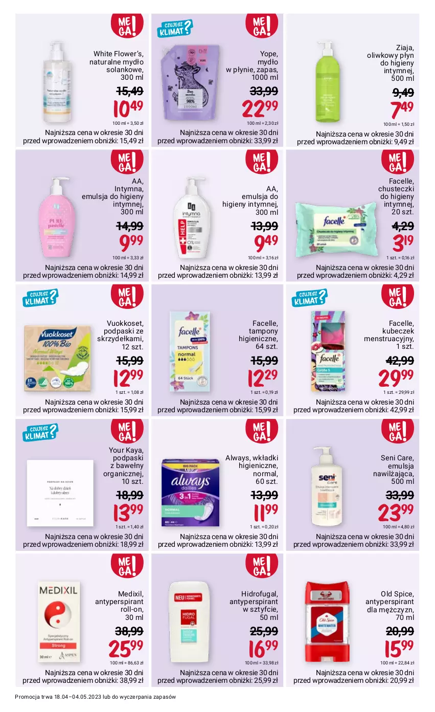 Gazetka promocyjna Rossmann - 18 kwietnia - ważna 18.04 do 04.05.2023 - strona 12 - produkty: Always, Antyperspirant, Chusteczki, Chusteczki do higieny, Emulsja, Fa, Facelle, Mydło, Mydło w płynie, Old Spice, Płyn do higieny intymnej, Podpaski, Podpaski ze skrzydełkami, Solan, Tampony, Wkładki, Yope, Ziaja