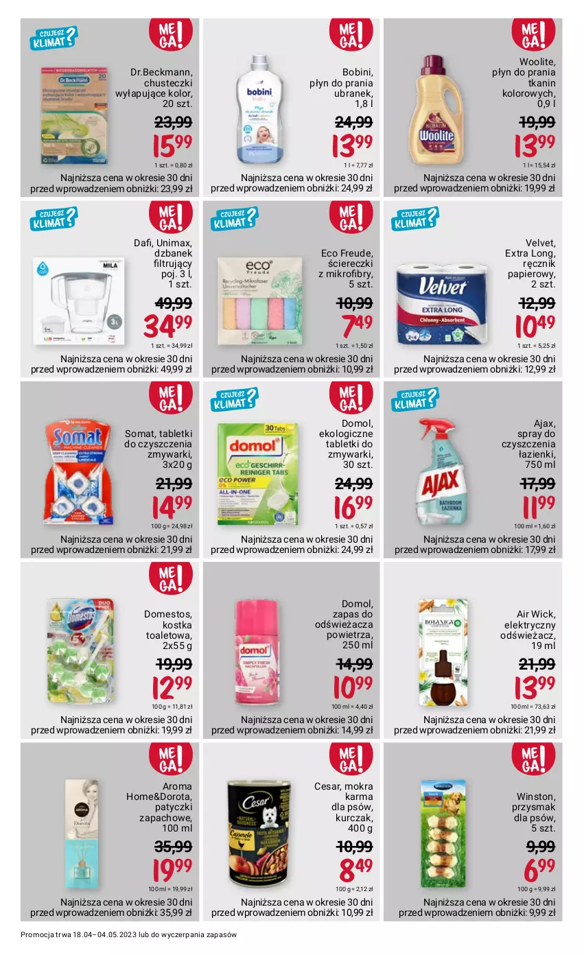 Gazetka promocyjna Rossmann - 18 kwietnia - ważna 18.04 do 04.05.2023 - strona 13 - produkty: Air Wick, Ajax, Chusteczki, Domestos, Domol, Dzbanek, Dzbanek filtrujący, Kurczak, Mokra karma, Papier, Płyn do prania, Ręcznik, Somat, Spray do czyszczenia, Tablet, Tabletki do zmywarki, Velvet, Winston, Woolite, Zmywarki