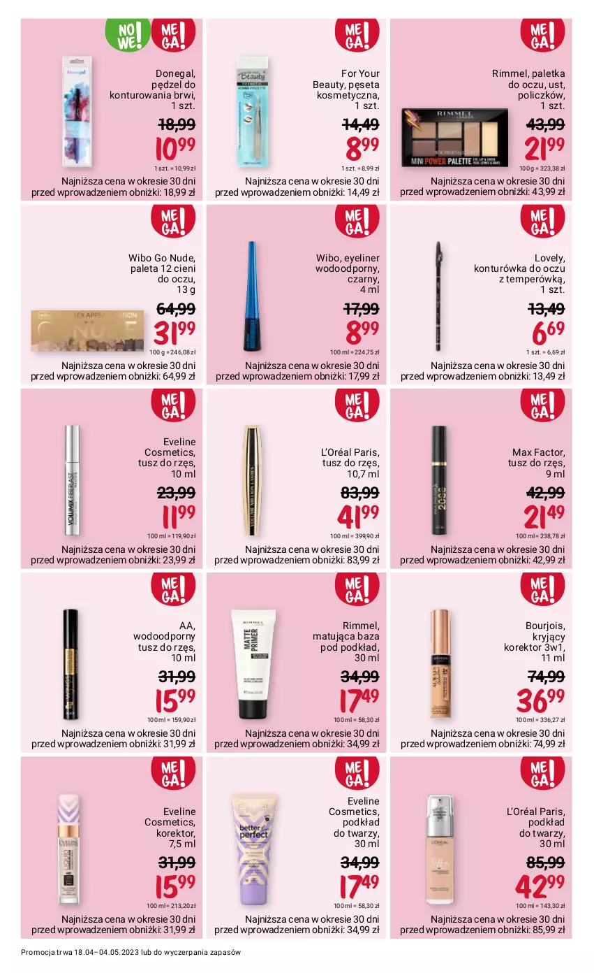 Gazetka promocyjna Rossmann - 18 kwietnia - ważna 18.04 do 04.05.2023 - strona 3 - produkty: Bourjois, Eveline, Fa, For Your Beauty, Konturówka do oczu, L’Oréal, Lovely, Max Factor, Paleta, Pęseta, Podkład, Podkład do twarzy, Por, Tusz, Wibo