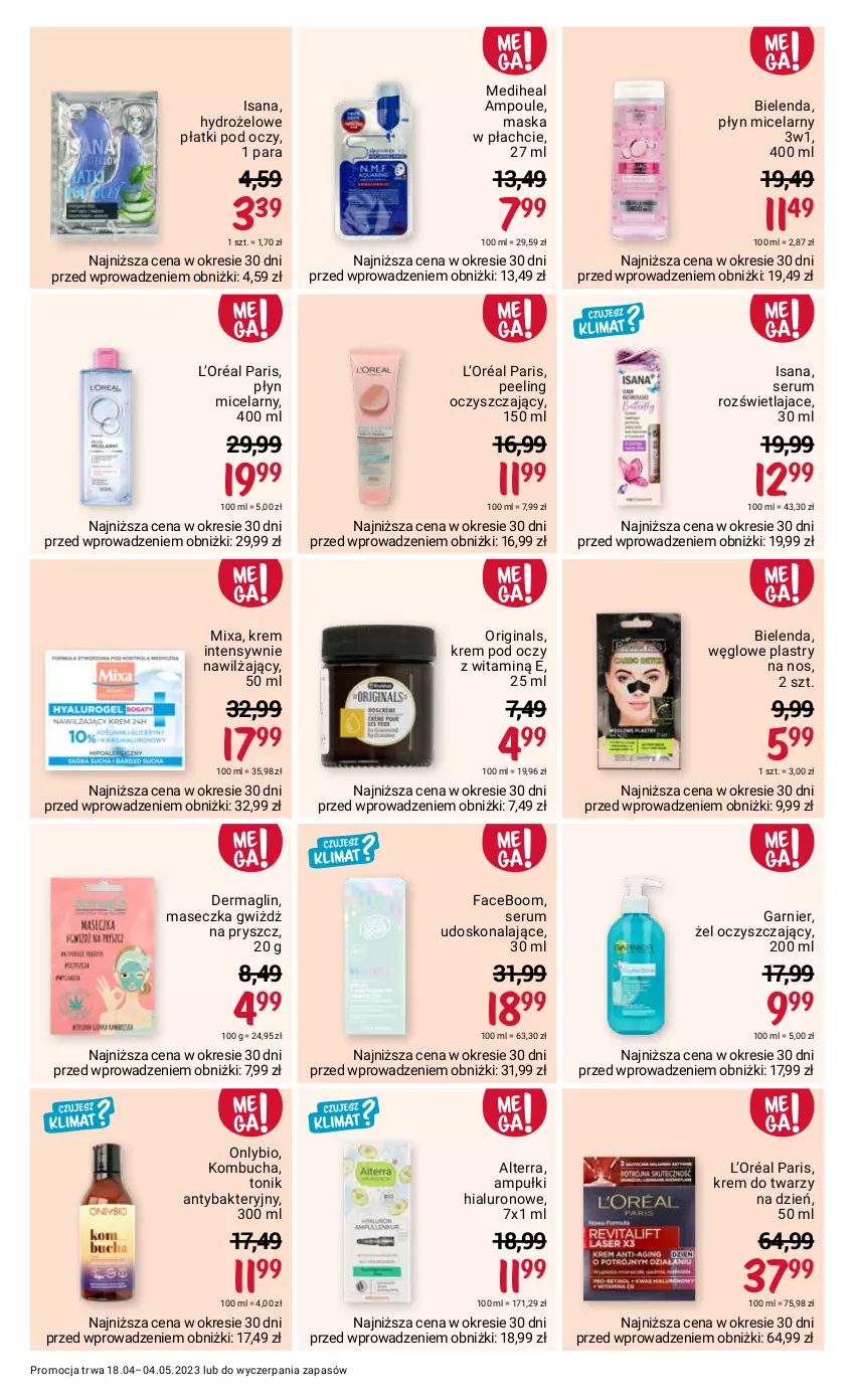 Gazetka promocyjna Rossmann - 18 kwietnia - ważna 18.04 do 04.05.2023 - strona 5 - produkty: Alterra, Bielenda, Fa, Garnier, Gin, Hydrożelowe płatki pod oczy, Isana, Krem do twarzy, Krem pod oczy, L’Oréal, Maska, Maska w płachcie, Mixa, Peeling, Płyn micelarny, Rum, Ser, Serum, Tonik