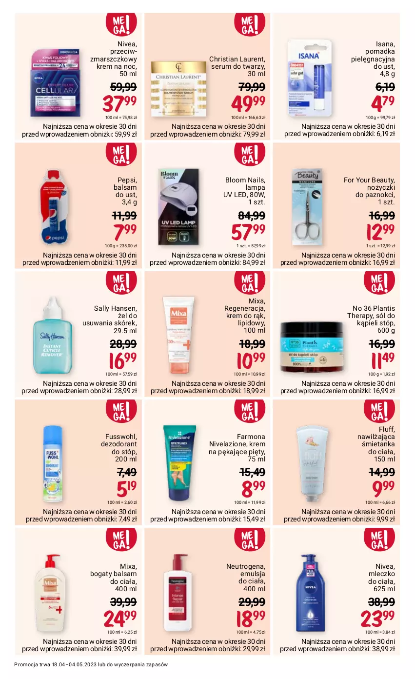 Gazetka promocyjna Rossmann - 18 kwietnia - ważna 18.04 do 04.05.2023 - strona 6 - produkty: Balsam do ciała, Balsam do ust, Dezodorant, Emulsja, Fa, For Your Beauty, Isana, Krem do rąk, Krem na noc, Lampa, Laur, Mars, Mixa, Mleczko, Mleczko do ciała, Neutrogena, Nivea, Nivelazione, Noż, Nożyczki, Pepsi, Rum, Sally Hansen, Ser, Serum, Serum do twarzy, Sól, Sól do kąpieli