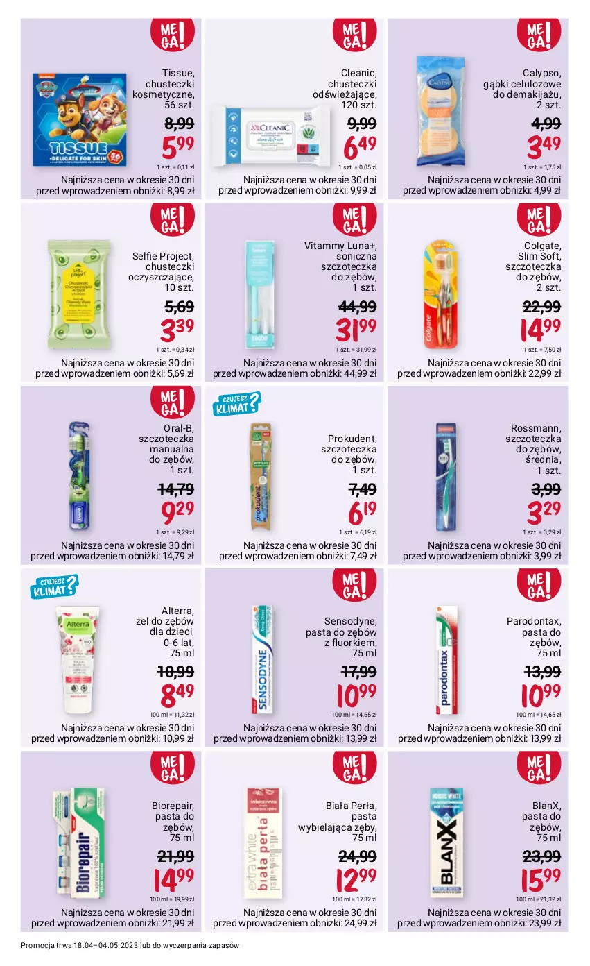 Gazetka promocyjna Rossmann - 18 kwietnia - ważna 18.04 do 04.05.2023 - strona 9 - produkty: Alterra, Biorepair, Chusteczki, Chusteczki kosmetyczne, Cleanic, Colgate, Dzieci, LG, Makijaż, Parodontax, Pasta do zębów, Perła, Prokudent, Sensodyne, Szczoteczka, Szczoteczka do zębów