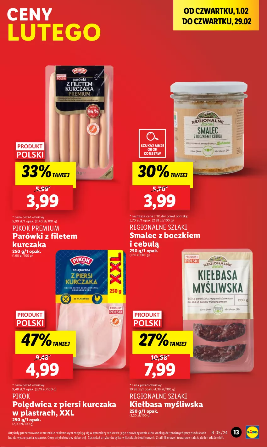 Gazetka promocyjna Lidl - GAZETKA - ważna 01.02 do 03.02.2024 - strona 13 - produkty: Kiełbasa, Kurczak, Parówki, PIKOK, Polędwica, Ser, Smalec