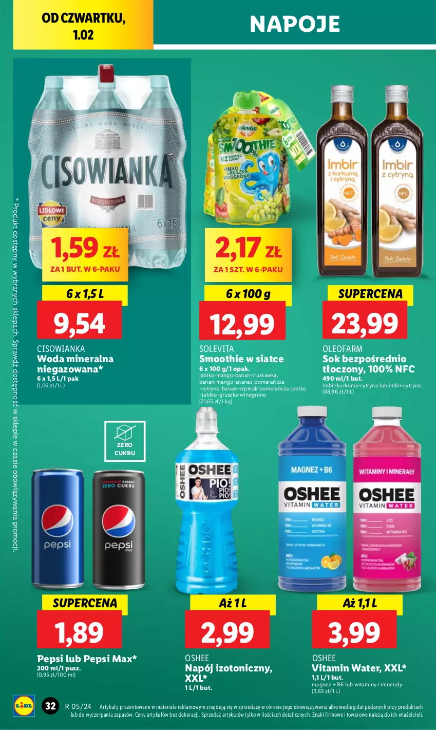 Gazetka promocyjna Lidl - GAZETKA - ważna 01.02 do 03.02.2024 - strona 34 - produkty: Ananas, Cisowianka, Fa, Imbir, Kurkuma, Magnez, Mango, Napój, Napój izotoniczny, Napoje, Oleo, Oleofarm, Oshee, Pepsi, Pepsi max, Smoothie, Sok, Szpinak, Wino, Woda, Woda mineralna