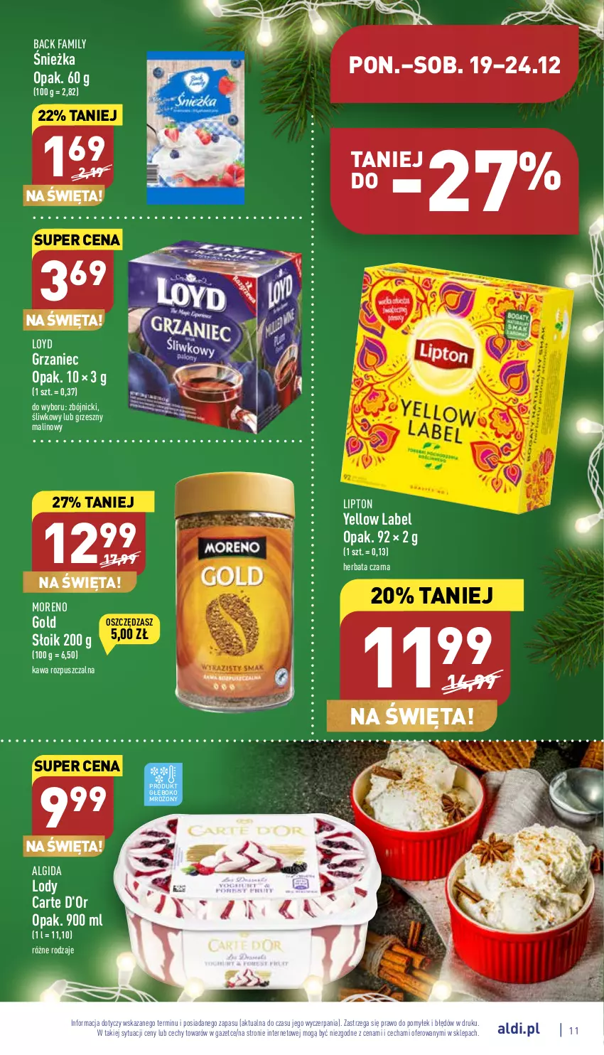 Gazetka promocyjna Aldi - Pełny katalog - ważna 19.12 do 24.12.2022 - strona 11 - produkty: Algida, Carte d'Or, Fa, Herbata, Herbata czarna, Kawa, Kawa rozpuszczalna, LG, Lipton, Lody, Loyd