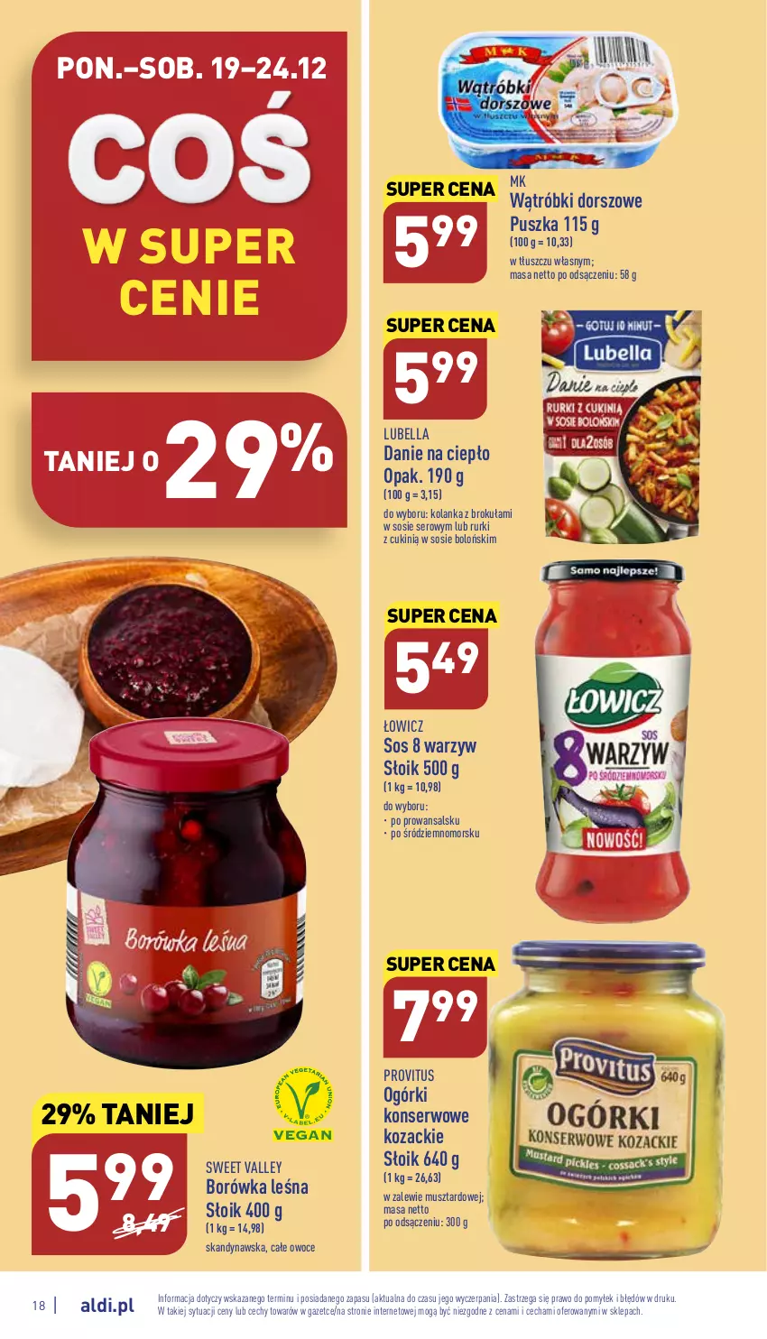 Gazetka promocyjna Aldi - Pełny katalog - ważna 19.12 do 24.12.2022 - strona 18 - produkty: Bell, Bella, Borówka, Dorsz, Lubella, Mus, Ogórki konserwowe, Owoce, Rurki, Ser, Sos