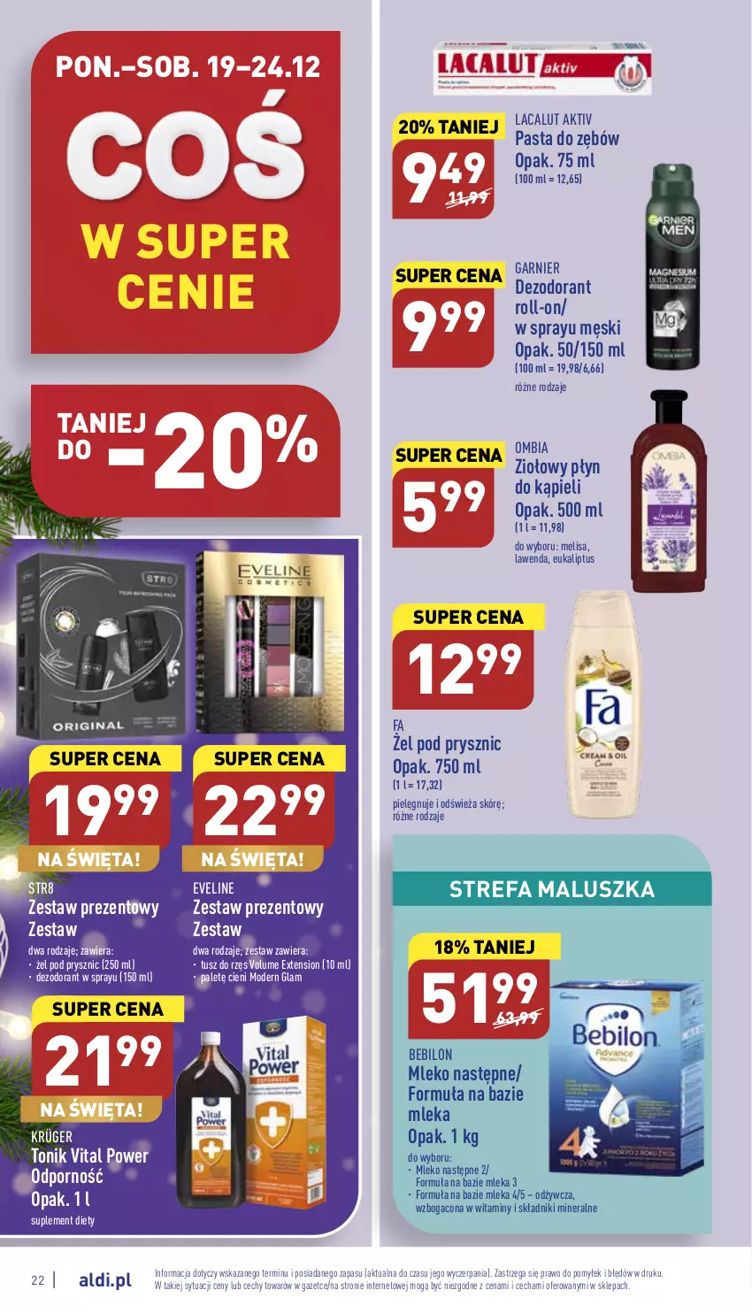 Gazetka promocyjna Aldi - Pełny katalog - ważna 19.12 do 24.12.2022 - strona 22 - produkty: BEBILON, Dezodorant, Eveline, Fa, Garnier, Lacalut, Mleko, O nas, Pasta do zębów, Płyn do kąpieli, Por, Str8, Suplement diety, Tonik, Tusz, Zestaw prezentowy