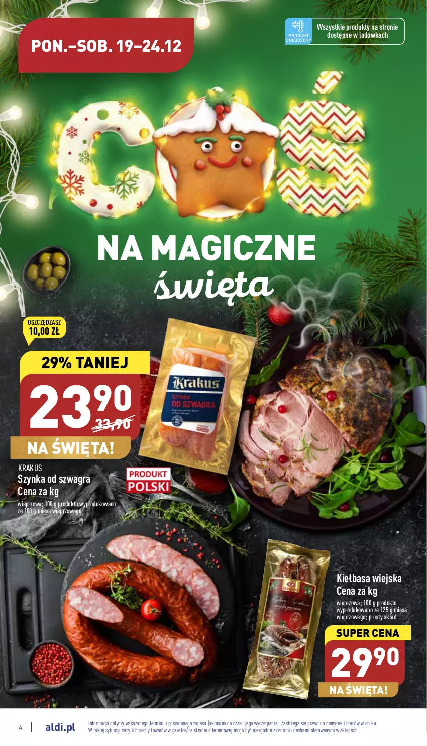 Gazetka promocyjna Aldi - Pełny katalog - ważna 19.12 do 24.12.2022 - strona 4 - produkty: Gra, Kiełbasa, Kiełbasa wiejska, Krakus, Lodówka, Szynka