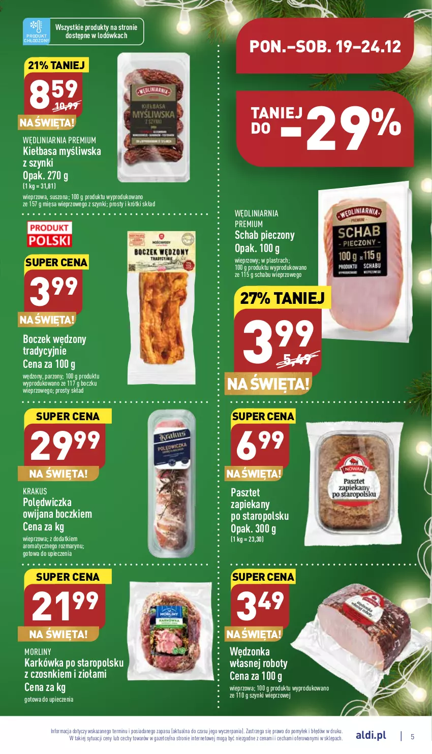 Gazetka promocyjna Aldi - Pełny katalog - ważna 19.12 do 24.12.2022 - strona 5 - produkty: Boczek, Kiełbasa, Krakus, Lodówka, Morliny, Pasztet, Piec, Robot, Schab pieczony