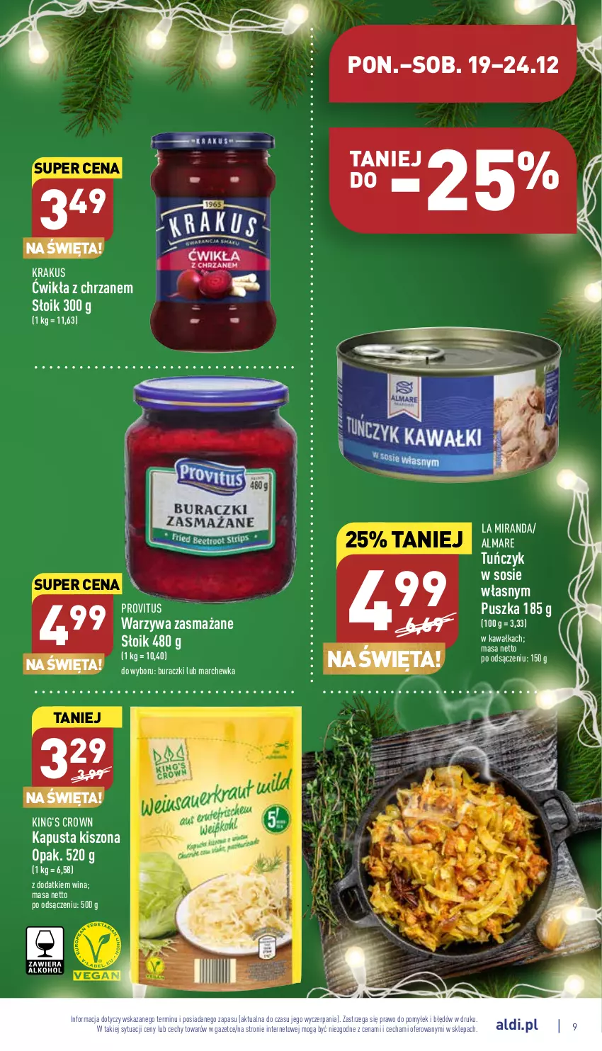 Gazetka promocyjna Aldi - Pełny katalog - ważna 19.12 do 24.12.2022 - strona 9 - produkty: Buraczki, Chrzan, Kawa, Krakus, Marchewka, Sos, Tuńczyk, Warzywa