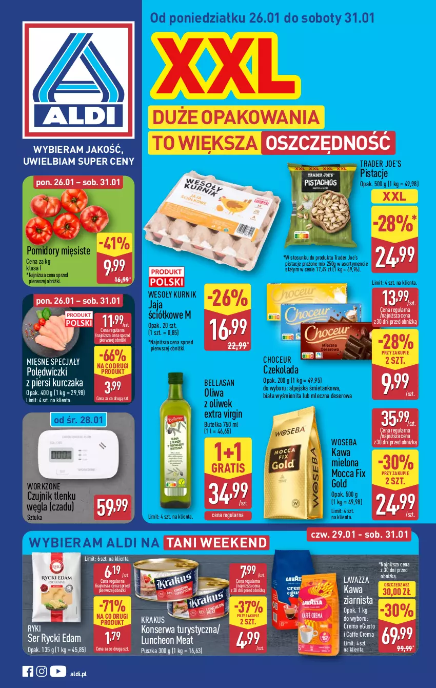 Gazetka promocyjna Aldi - Pełna oferta - ważna 26.01 do 31.01.2026 - strona 1 - produkty: Bell, Bella, Czekolada, Deser, Edam, Gin, Gra, Jaja, Kawa, Kawa mielona, Konserwa turystyczna, Krakus, Kurczak, Lavazza, Mięsne specjały, Mocca Fix Gold, Oliwa z oliwek, Pistacje, Pomidory, Rycki Edam, Ser, Woseba
