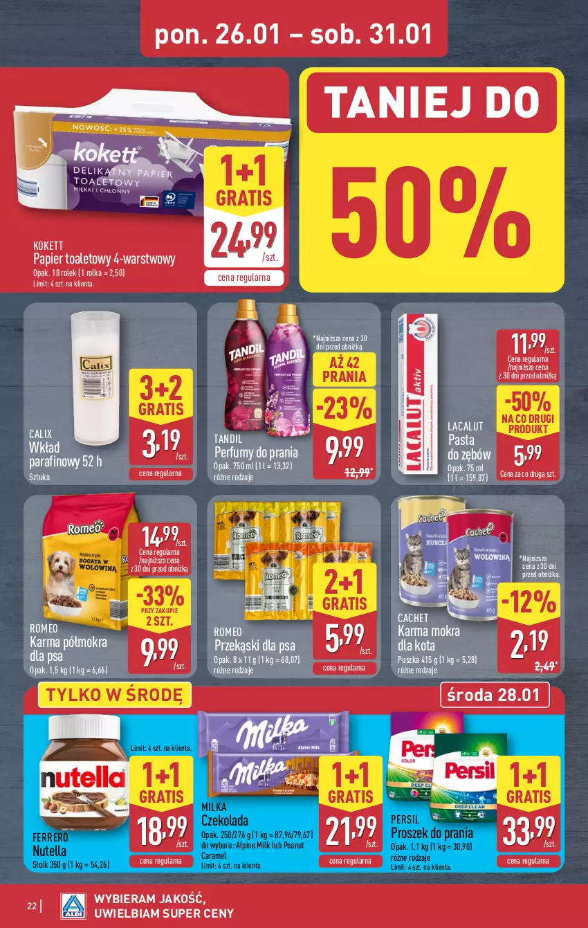 Gazetka promocyjna Aldi - Pełna oferta - ważna 26.01 do 31.01.2026 - strona 22 - produkty: Czekolada, Ferrero, Gra, Lacalut, Milka, Nutella, Papier, Papier toaletowy, Pasta do zębów, Perfum, Persil, Proszek do prania, Przekąski dla psa