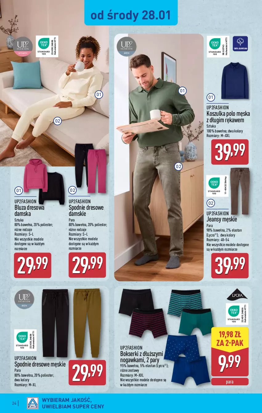 Gazetka promocyjna Aldi - Pełna oferta - ważna 26.01 do 31.01.2026 - strona 24 - produkty: Bluza, Bluza dresowa, Bokserki, Dres, Fa, Kosz, Koszulka, Ser, Spodnie, Spodnie dresowe, Wełna