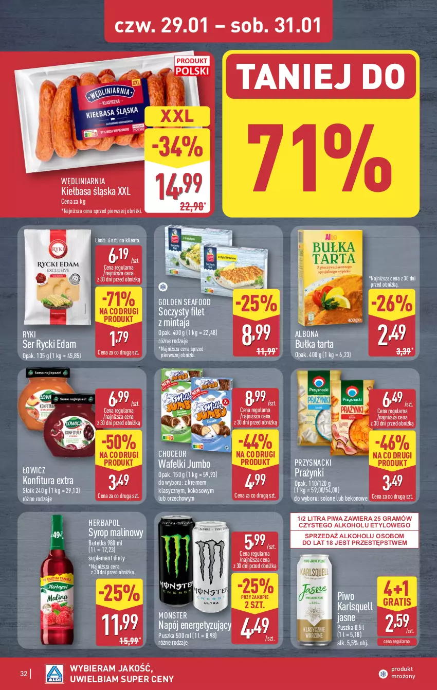 Gazetka promocyjna Aldi - Pełna oferta - ważna 26.01 do 31.01.2026 - strona 32 - produkty: Albona, Beko, Bułka, Bułka tarta, Edam, Filet z mintaja, Golden Seafood, Gra, Herbapol, Karlsquell, Kiełbasa, Kiełbasa śląska, Kokos, Konfitura, Mintaj, Napój, Piwa, Piwo, Przysnacki, Rycki Edam, Ser, Suplement diety, Syrop, Tarta