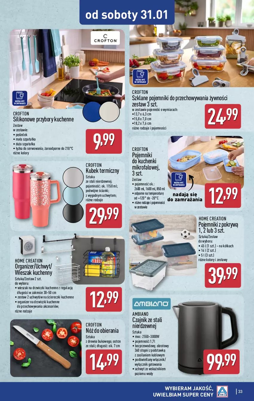 Gazetka promocyjna Aldi - Pełna oferta - ważna 26.01 do 31.01.2026 - strona 33 - produkty: Czajnik, Drzwi, Fa, Kubek, Kubek termiczny, Kuchenki mikrofalowe, Organizer, Pojemnik, Por, Przybory kuchenne, Ser, Silan, Szpatułka, Top, Wieszak