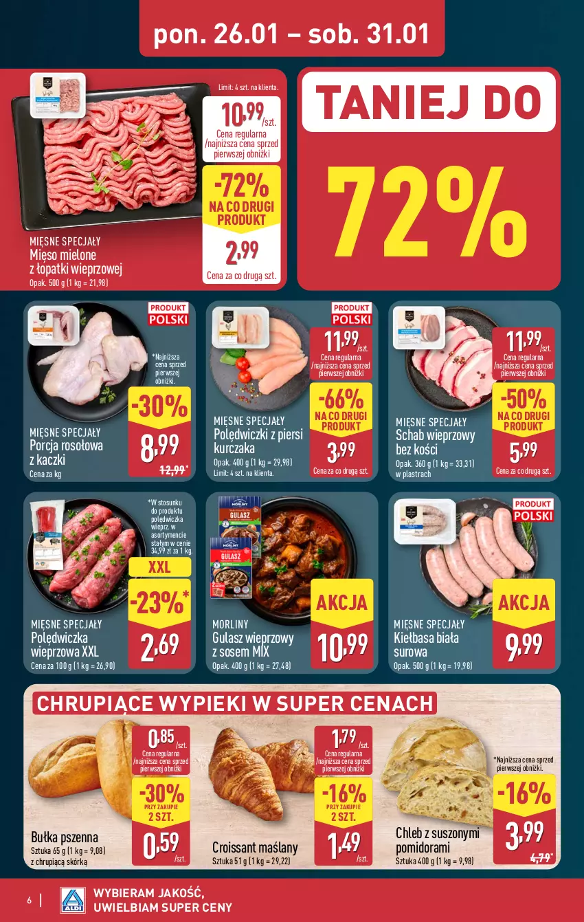 Gazetka promocyjna Aldi - Pełna oferta - ważna 26.01 do 31.01.2026 - strona 6 - produkty: Bułka, Chleb, Croissant, Kiełbasa, Kiełbasa biała, Kurczak, Mięsne specjały, Mięso, Mięso mielone, Mięso mielone z łopatki wieprzowej, Morliny, Polędwiczka wieprzowa, Por, Schab wieprzowy, Sos