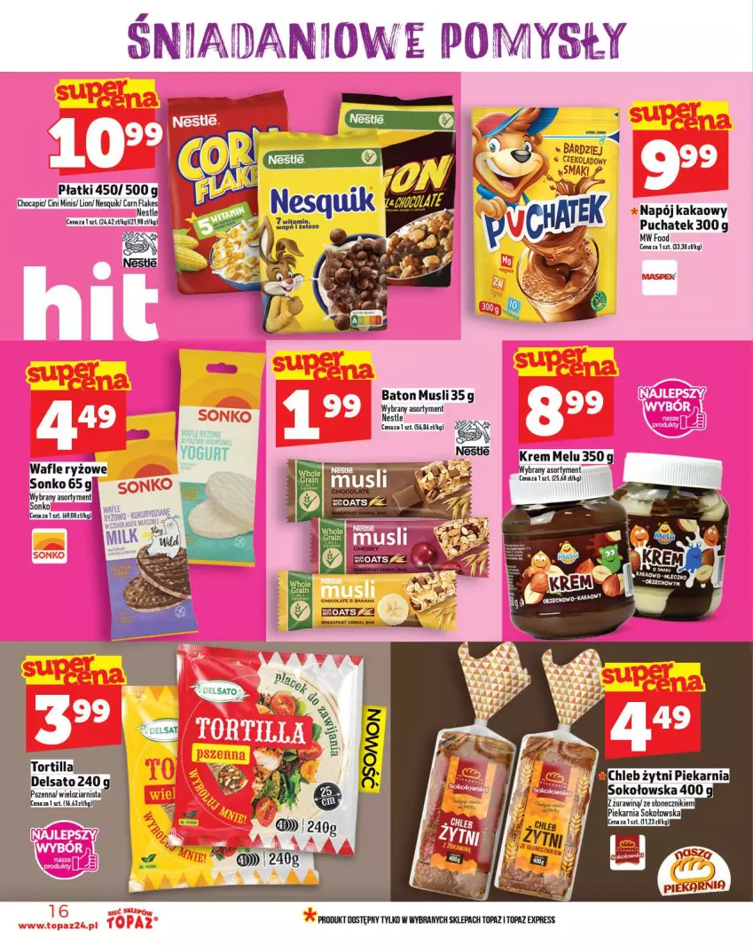 Gazetka promocyjna Topaz - Gazetka - ważna 13.11 do 19.11.2025 - strona 16 - produkty: Baton, Chleb, Cini Minis, Danio, Kakao, Lion, Mus, Napój, Nesquik, Ryż, Sok, Sonko, Top, Wafle