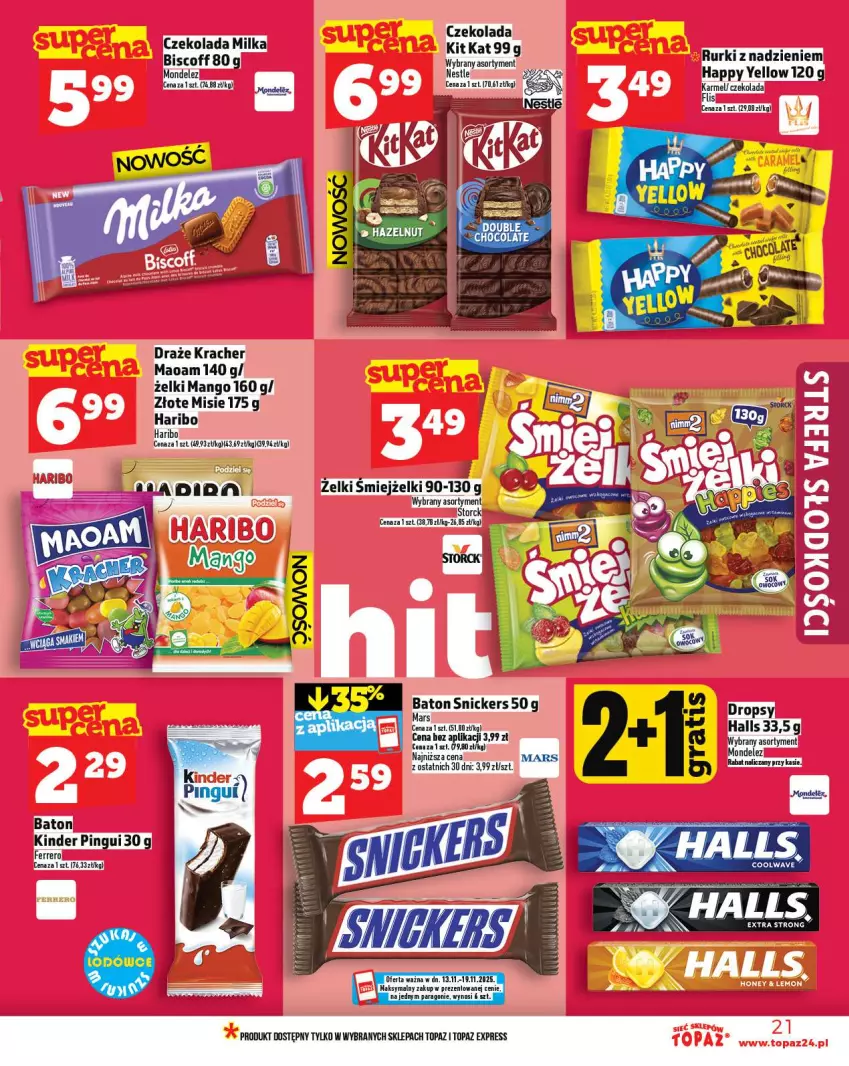 Gazetka promocyjna Topaz - Gazetka - ważna 13.11 do 19.11.2025 - strona 21 - produkty: Baton, Czekolada, Ferrero, Halls, Haribo, Kinder, Mango, Mars, Milka, Rurki, Snickers, Top