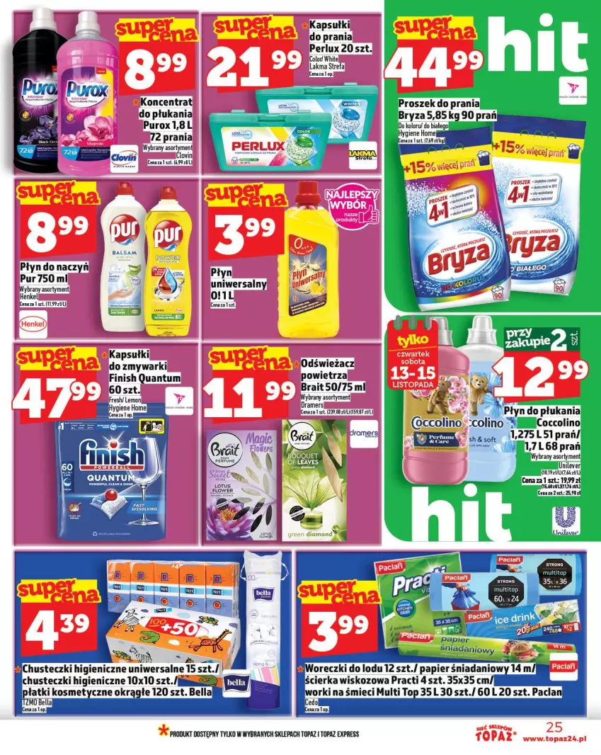 Gazetka promocyjna Topaz - Gazetka - ważna 13.11 do 19.11.2025 - strona 25 - produkty: Bell, Bella, Chusteczki, Coccolino, Fa, Finish, Kapsułki do prania, Lovi, Płyn do płukania, Pur, Top, Zmywarki