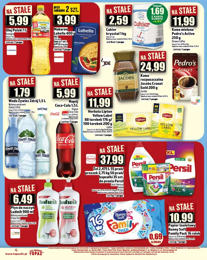 Gazetka promocyjna Topaz - Gazetka - ważna 13.11 do 19.11.2025 - strona 4 - produkty: Bell, Bella, Coca-Cola, Cukier, Fa, Herbata, Jacobs, Lipton, Lubella, Makaron, Olej, Persil, Tera, Woda