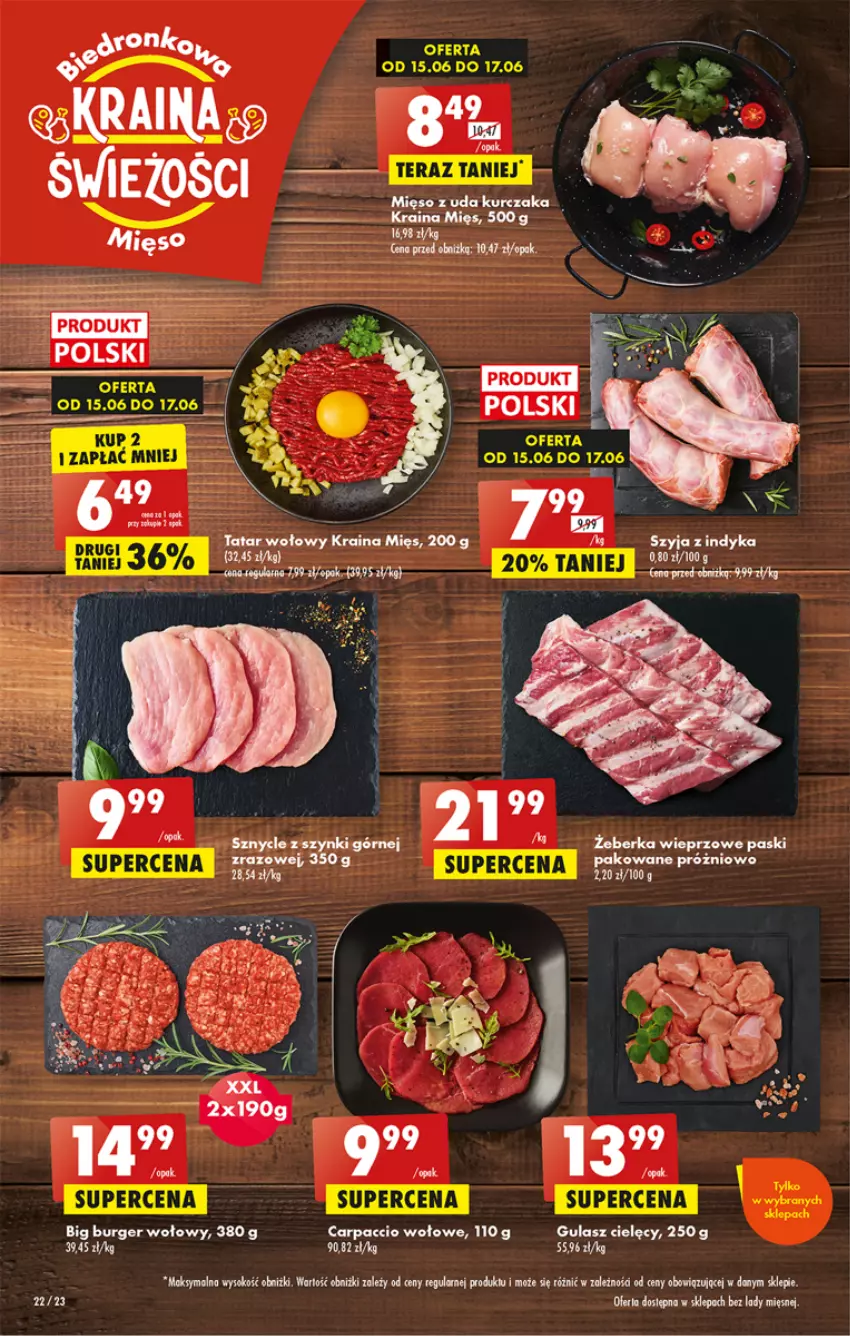 Gazetka promocyjna Biedronka - Gazetka - Biedronka.pl - ważna 15.06 do 21.06.2023 - strona 22 - produkty: Burger, Carpaccio, Kurczak, Mięso, Mięso z uda kurczaka, Por, Sok, Sos, Tatar wołowy, Tera