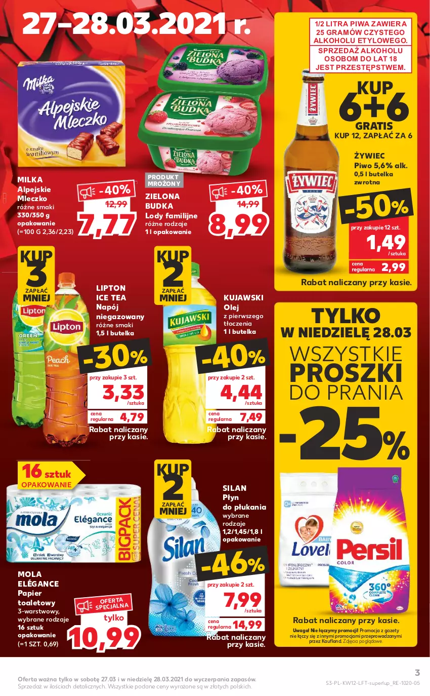 Gazetka promocyjna Kaufland - OFERTA TYGODNIA - ważna 25.03 do 30.03.2021 - strona 3 - produkty: Fa, Gra, Ice tea, Kujawski, Lipton, Lody, Milka, Mleczko, Mola, Napój, Napój niegazowany, Olej, Papier, Papier toaletowy, Piwa, Piwo, Płyn do płukania, Silan, Waga, Zielona Budka