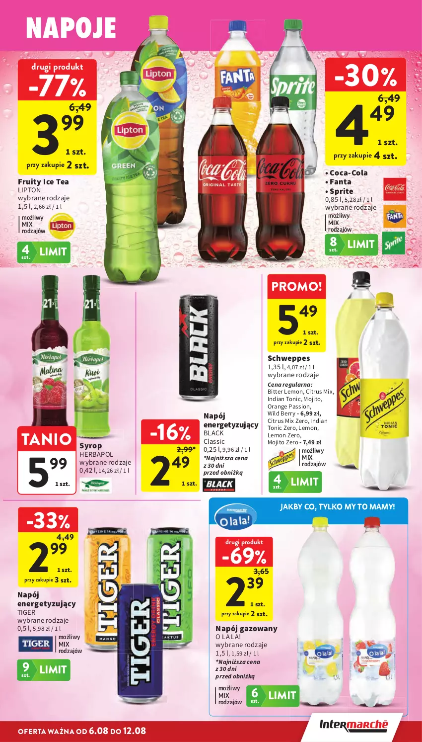 Gazetka promocyjna Intermarche - Gazetka Intermarche - ważna 06.08 do 12.08.2026 - strona 33 - produkty: Coca-Cola, Fa, Fanta, Herbapol, Ice tea, Lack, Lipton, Napój, Napój gazowany, Napoje, Schweppes, Sprite, Syrop, Tiger