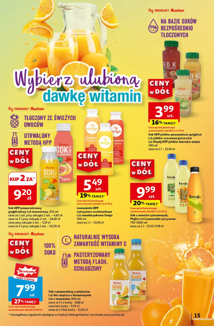 Gazetka promocyjna Auchan - Gazetka CENY W DÓŁ Hipermarket Auchan - ważna 20.06 do 26.06.2024 - strona 17 - produkty: Ananas, Grejpfrut, HP, Lemoniada, Limonka, Mięta, Napój, Por, Sok