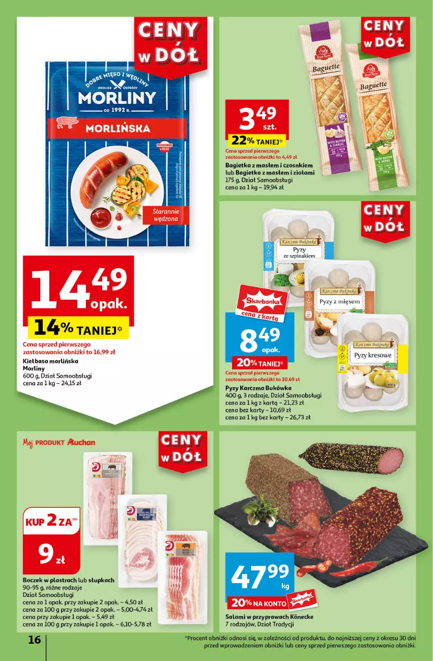 Gazetka promocyjna Auchan - Gazetka CENY W DÓŁ Hipermarket Auchan - ważna 20.06 do 26.06.2024 - strona 18 - produkty: Bagietka, Boczek, Kiełbasa, Morliny, Salami, Szpinak