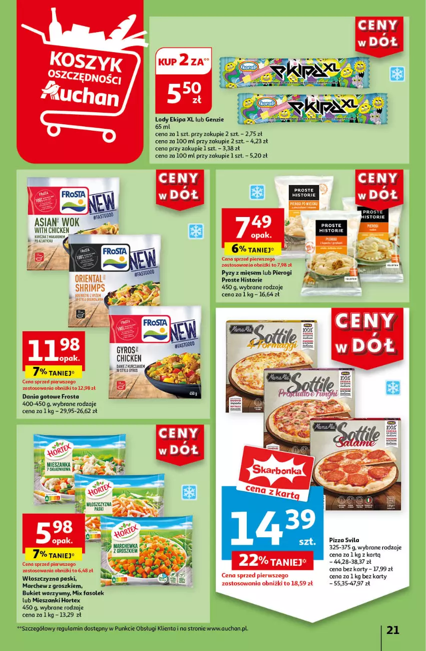 Gazetka promocyjna Auchan - Gazetka CENY W DÓŁ Hipermarket Auchan - ważna 20.06 do 26.06.2024 - strona 23 - produkty: Bukiet, Bukiet warzyw, Dania gotowe, Fa, Frosta, Gra, Gyros, Hortex, Kurczak, Lody, Marchewka, Pierogi, Pizza